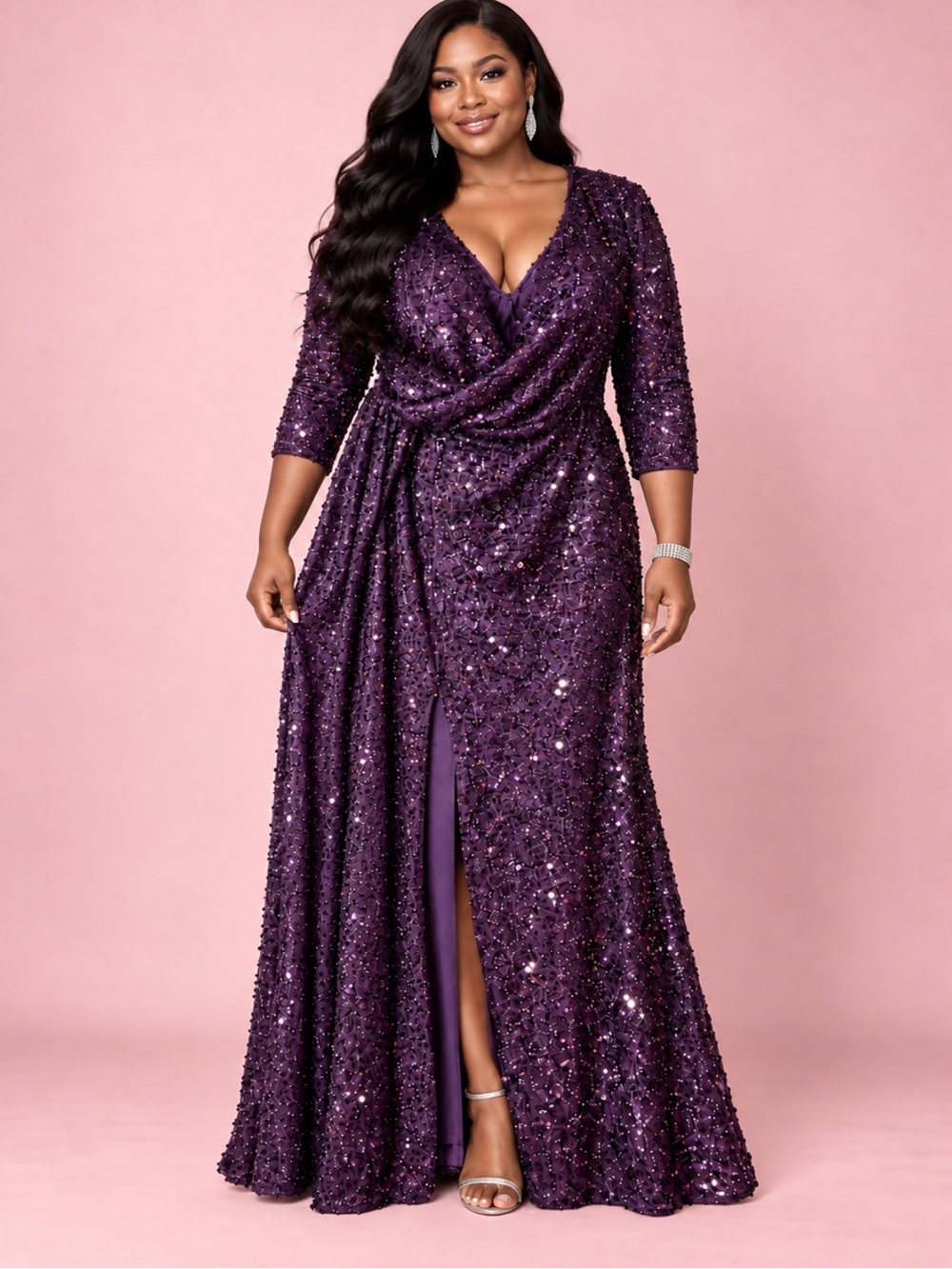 Faeriesty Purple Sequin Draped Evening Gown – 3XL